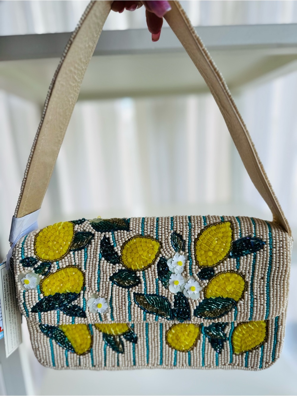 🍋 Handcrafted in India Beaded Lemon Motif Shoulder Bag w/lemon charm